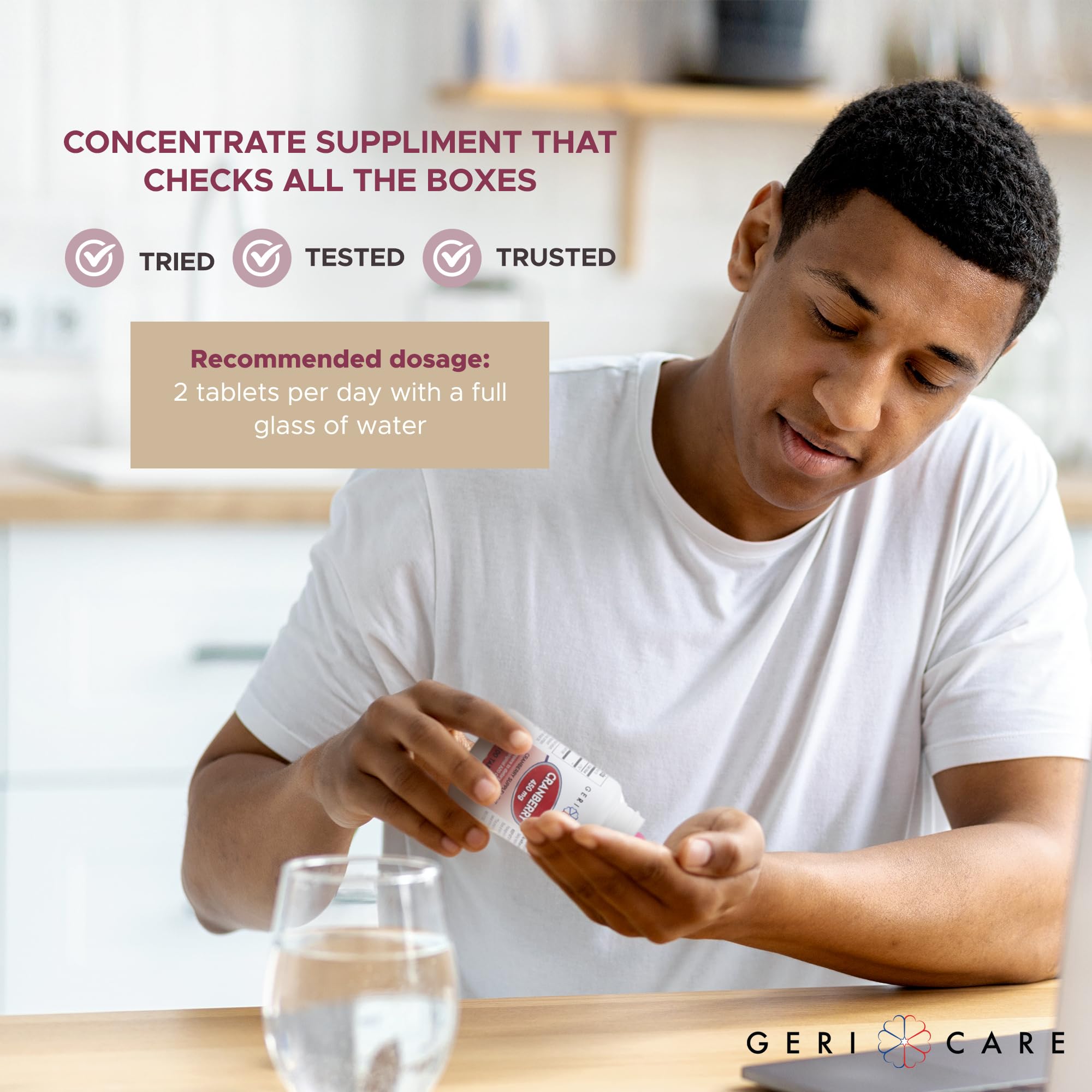 GeriCare Cranberry Supplement 900mg tablets on a table