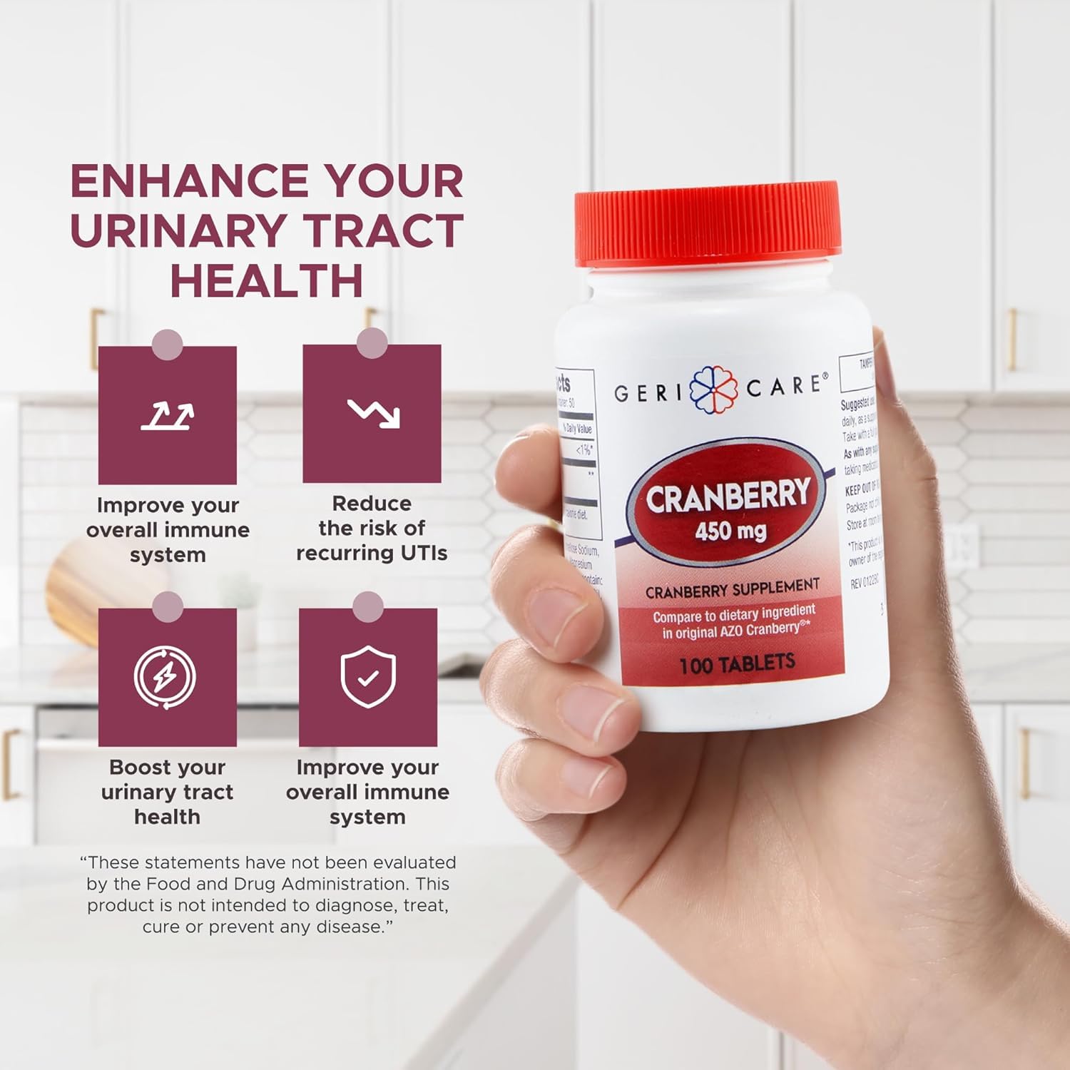GeriCare Cranberry Supplement 900mg tablets with glass of water