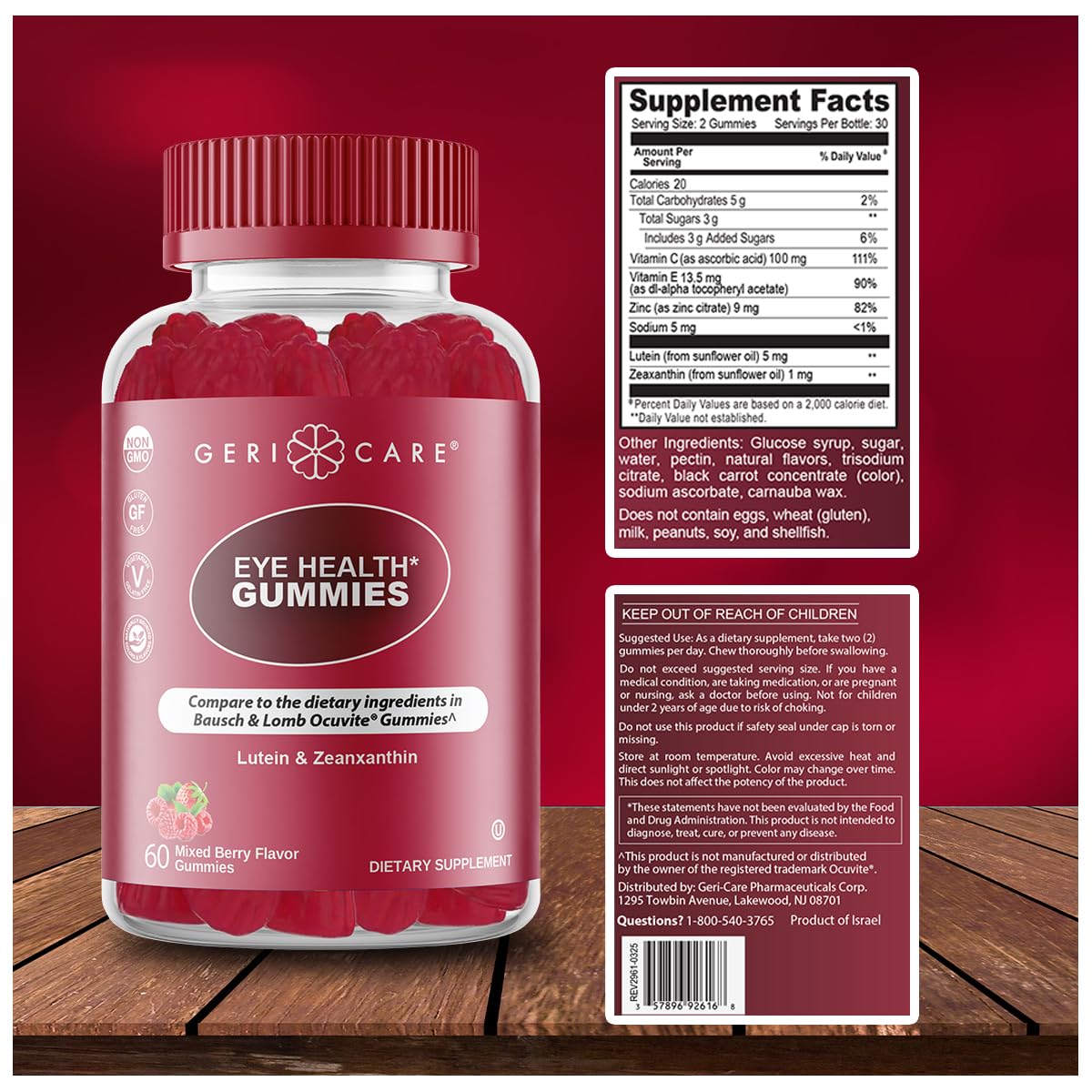 GeriCare Eye Health Gummies vegan and non-GMO label
