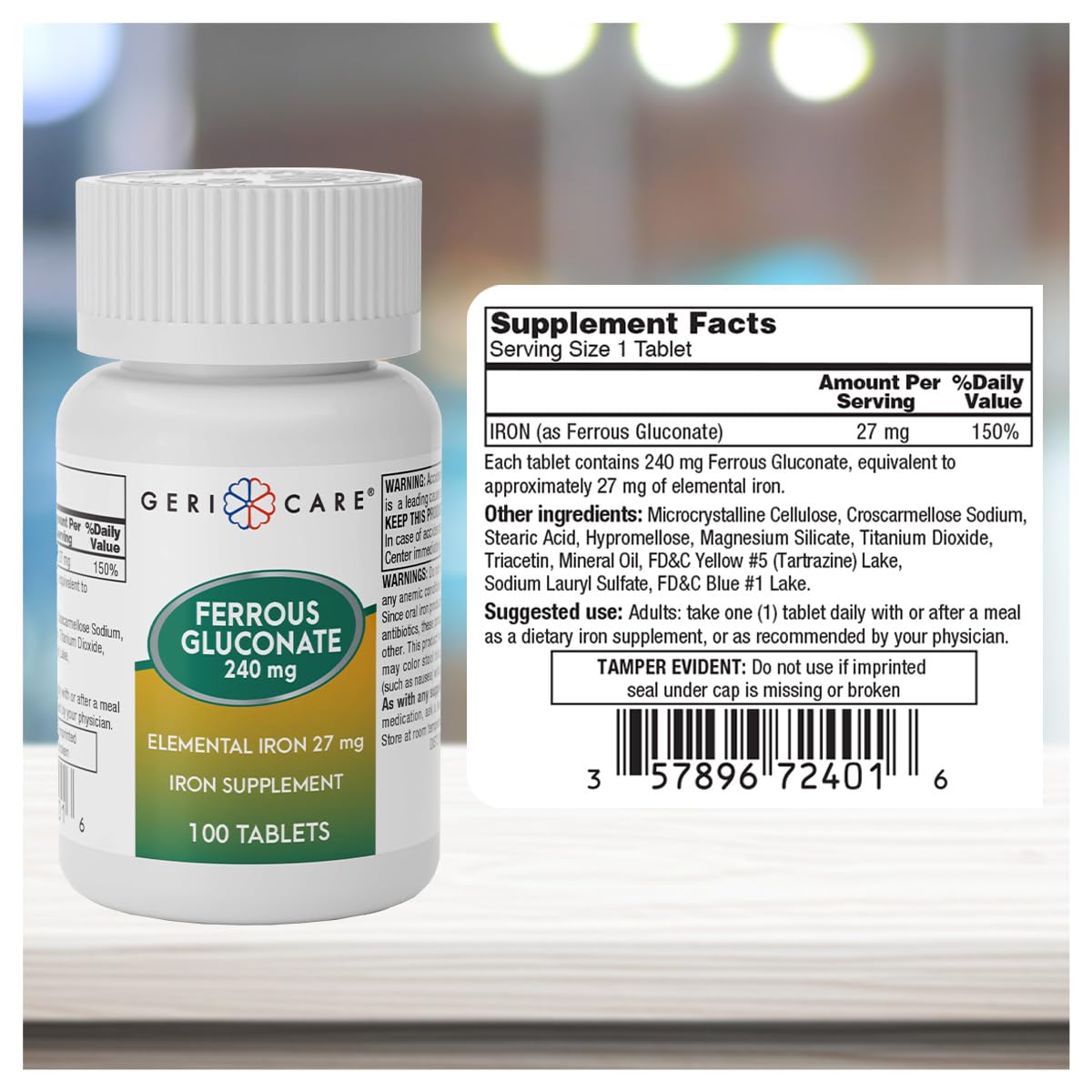 GeriCare Ferrous Gluconate Iron Supplement packaging