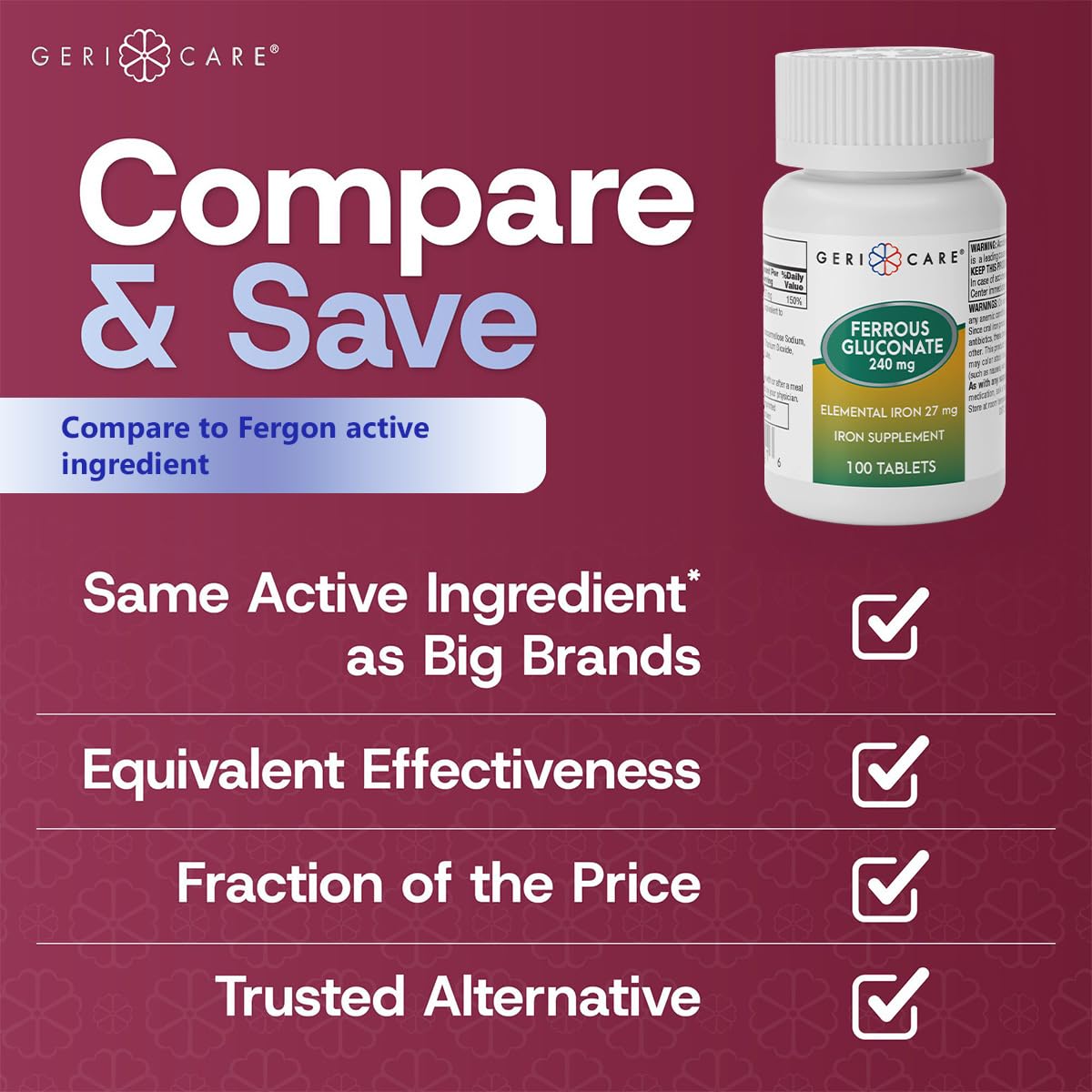 GeriCare Ferrous Gluconate Iron Supplement side view