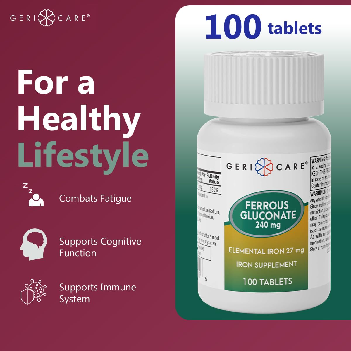 GeriCare Ferrous Gluconate Iron Supplement tablets close-up