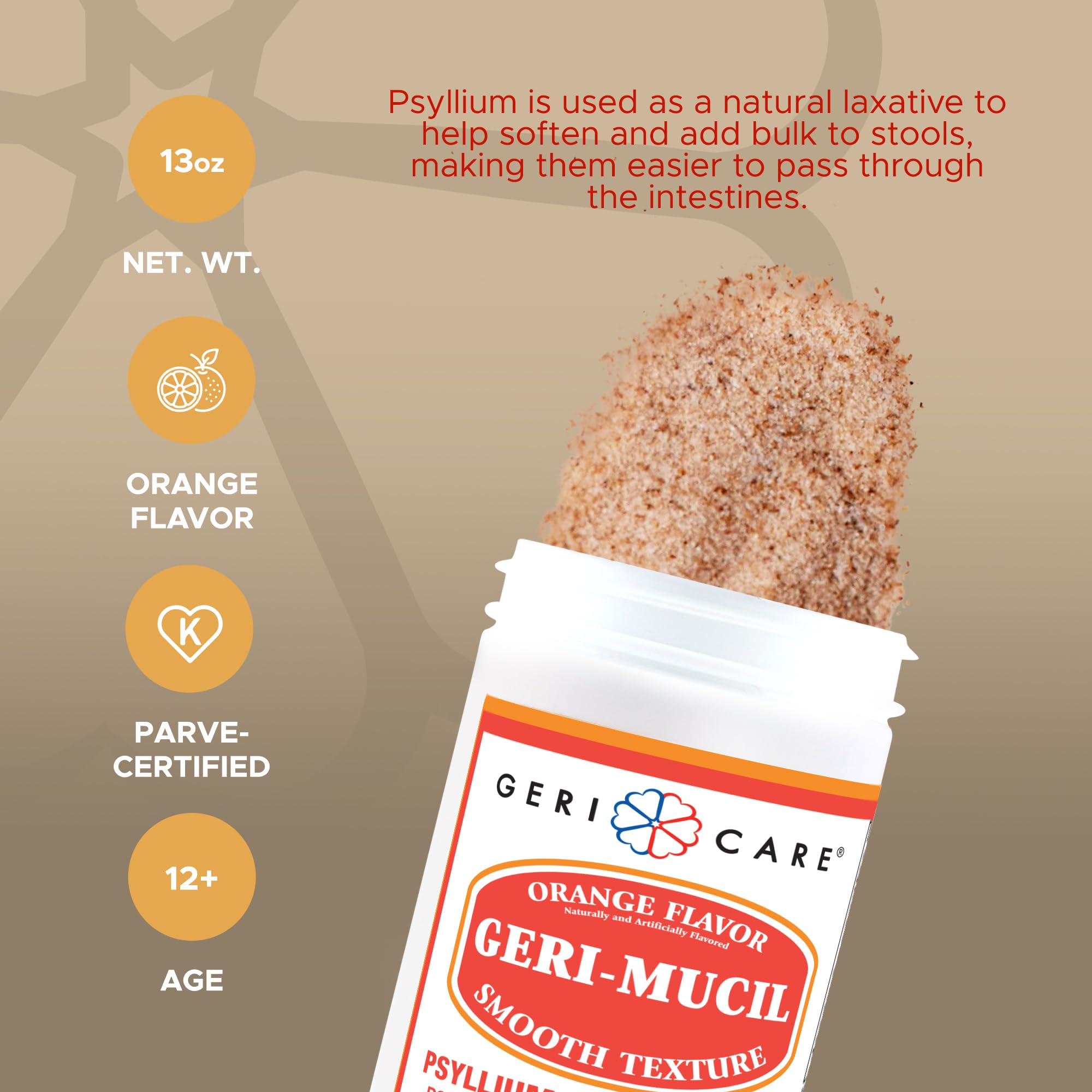 GeriCare Geri-Mucil Psyllium Husk Powder 113g orange flavour powder in glass