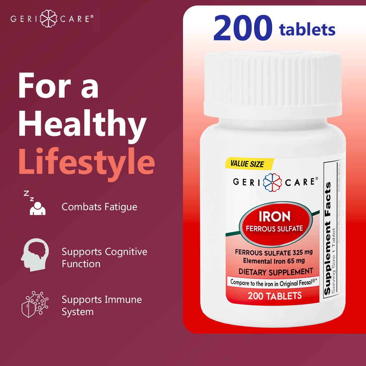 GeriCare Iron Supplement 109g back view with ingredient list