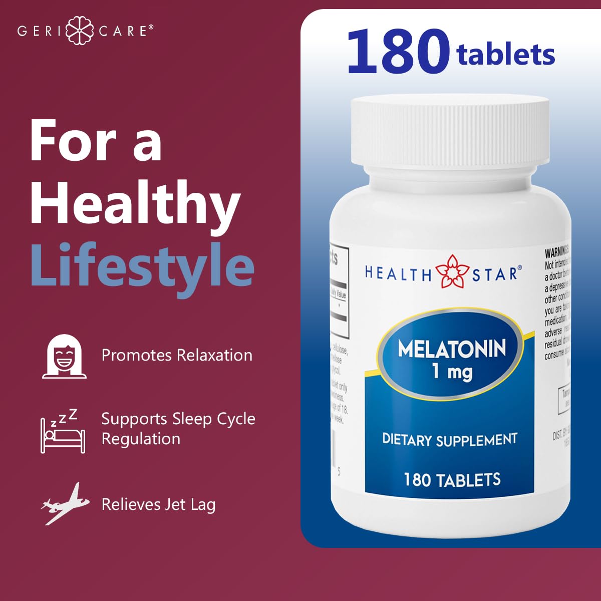 GeriCare Melatonin 1mg Sleep Supplement 180 Tablets close-up
