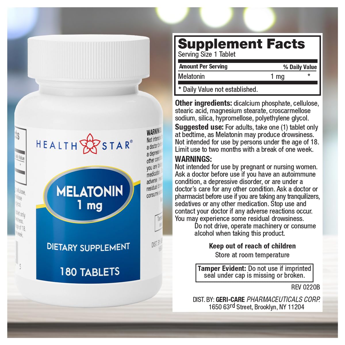 GeriCare Melatonin 1mg Sleep Supplement 180 Tablets packaging