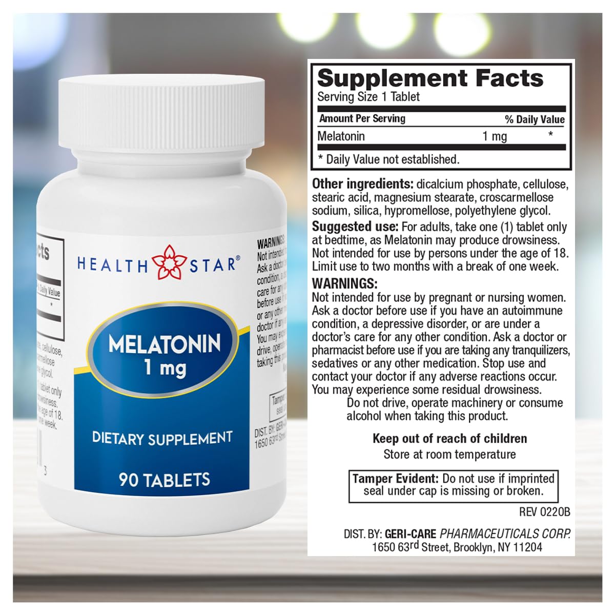 GeriCare Melatonin 1mg Sleep Supplement back view of packaging