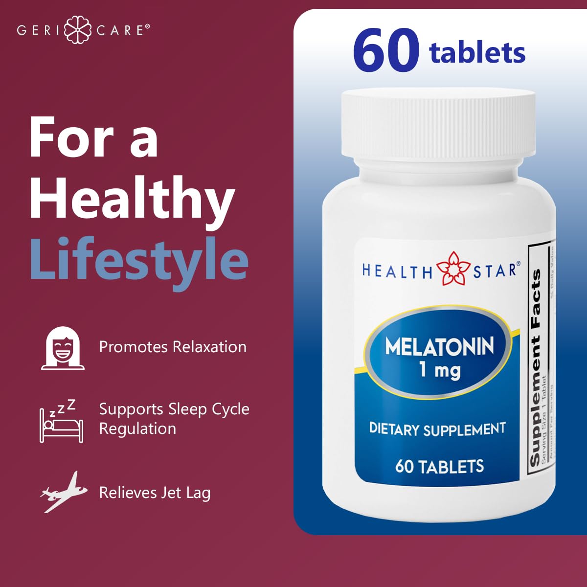 GeriCare Melatonin 1mg Sleep Supplement tablets close-up