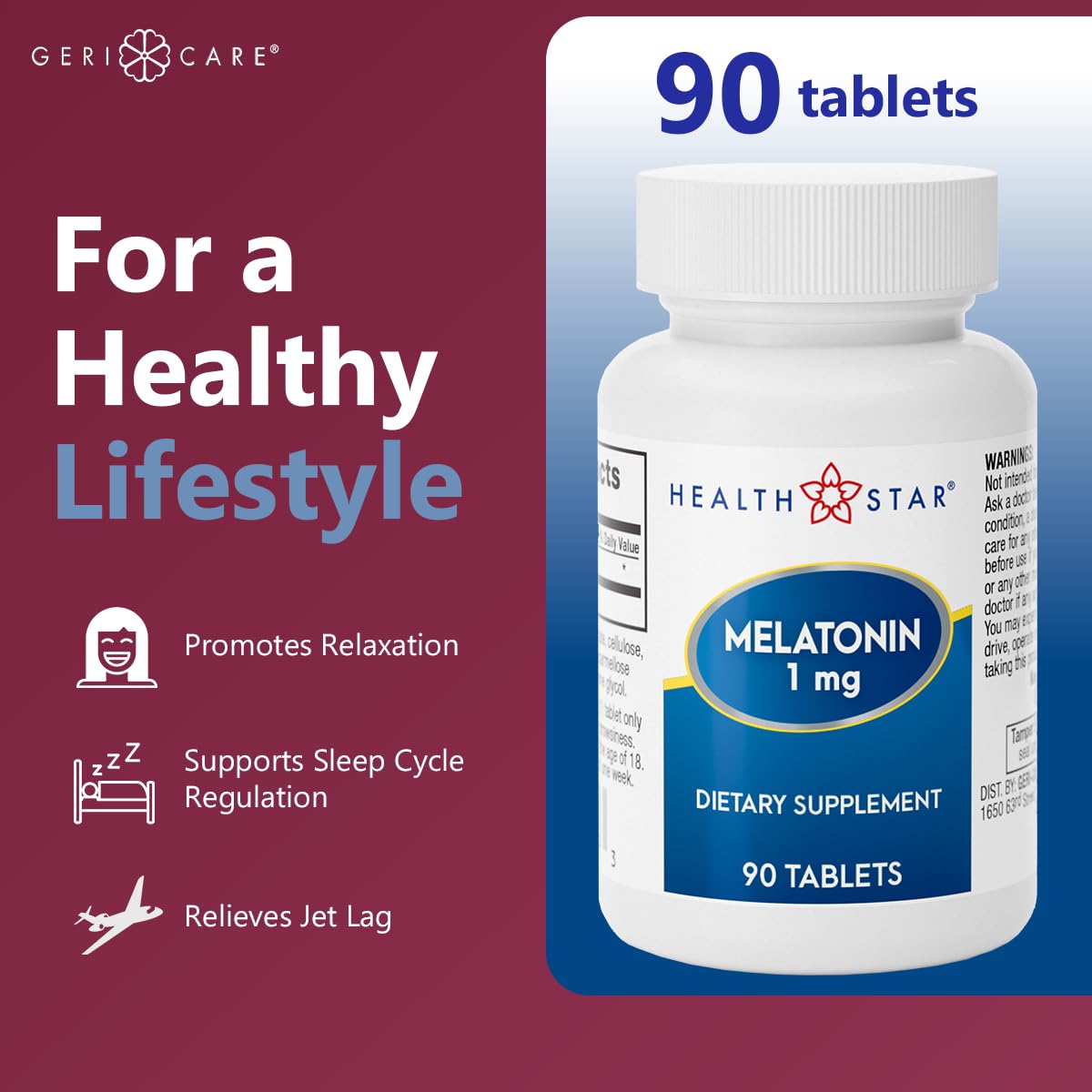 GeriCare Melatonin 1mg Sleep Supplement tablets on a flat surface