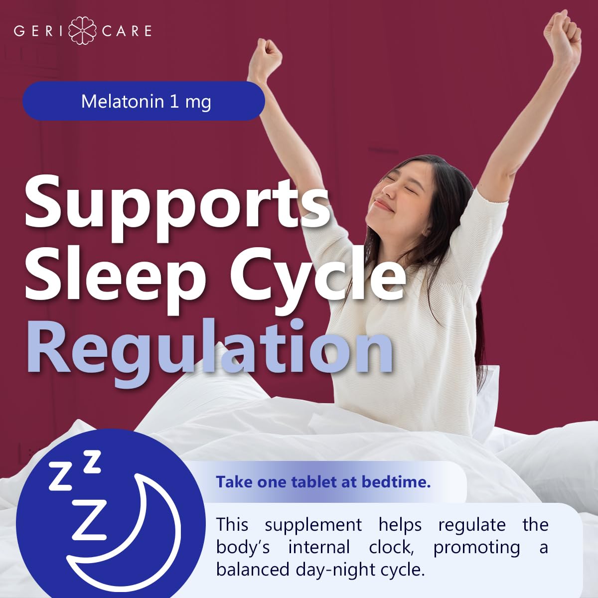 GeriCare Melatonin 1mg Sleep Supplement with a glass of water