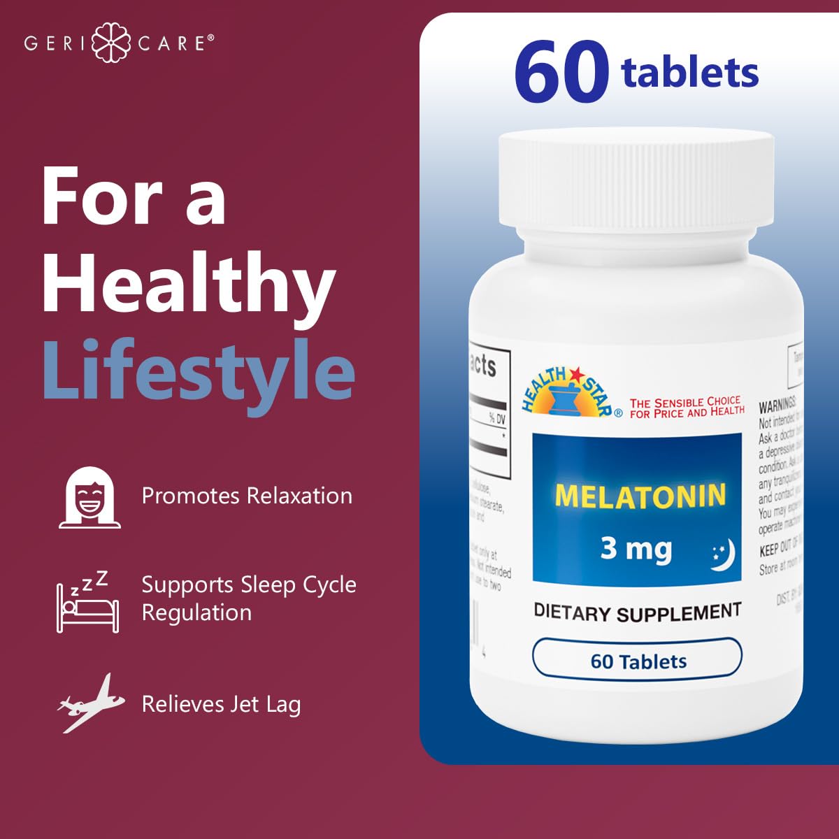 GeriCare Melatonin 3mg Tablets lifestyle scene on bedside table