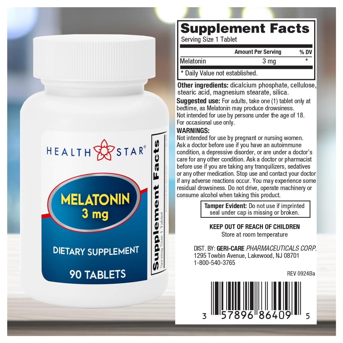 GeriCare Melatonin 3mg Tablets on a table with a glass of water