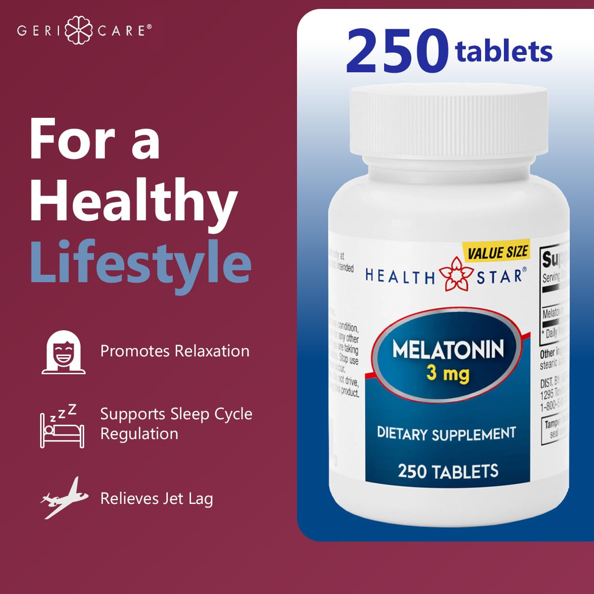 GeriCare Melatonin 3mg Tablets on a wooden table, lifestyle setting