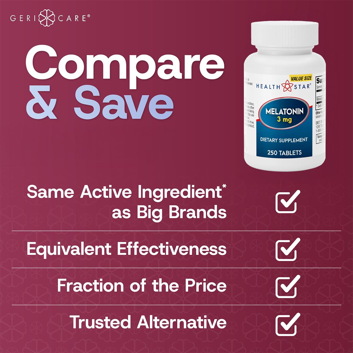 GeriCare Melatonin 3mg Tablets side view, showing tablet size