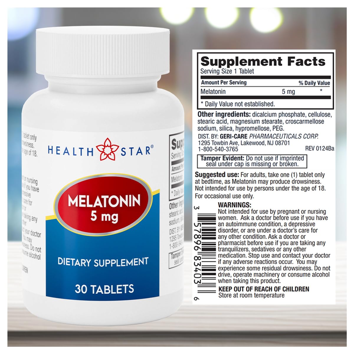 GeriCare Melatonin 5mg Tablets back view with ingredient list