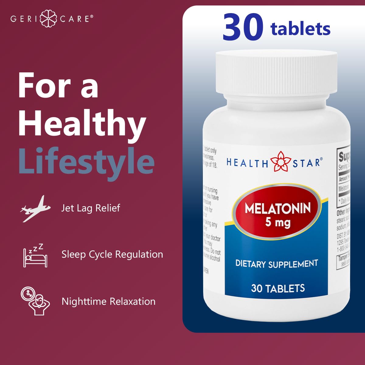 GeriCare Melatonin 5mg Tablets lifestyle scene on bedside table