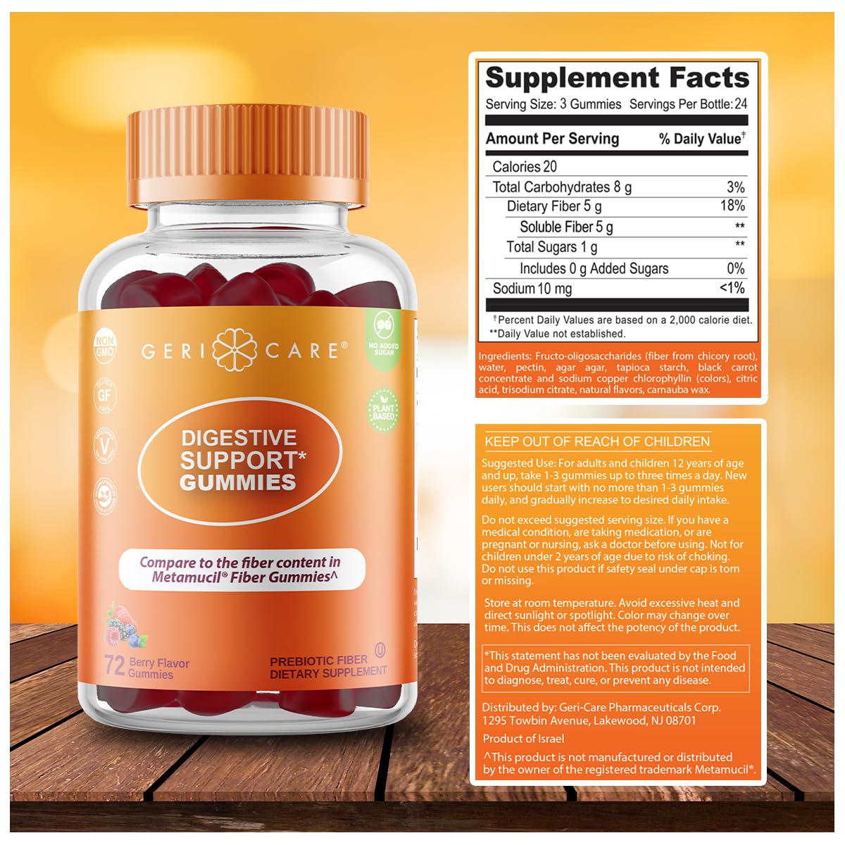 GeriCare Prebiotic Fibre Gummies 113g on a wooden table