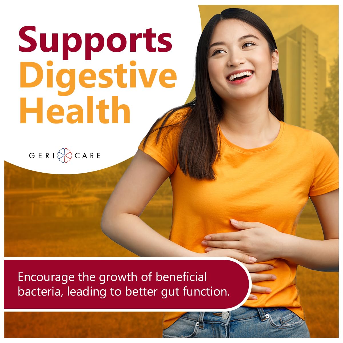 GeriCare Prebiotic Fibre Gummies 113g with fresh fruit background