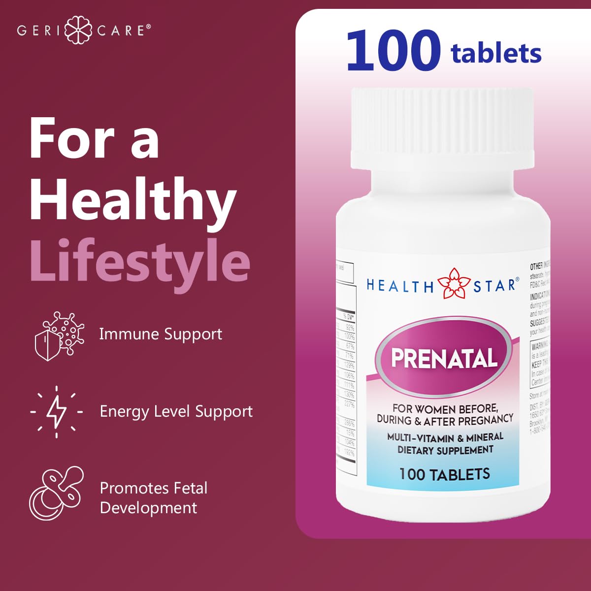 GeriCare Prenatal Vitamins 100 tablets on a wooden surface