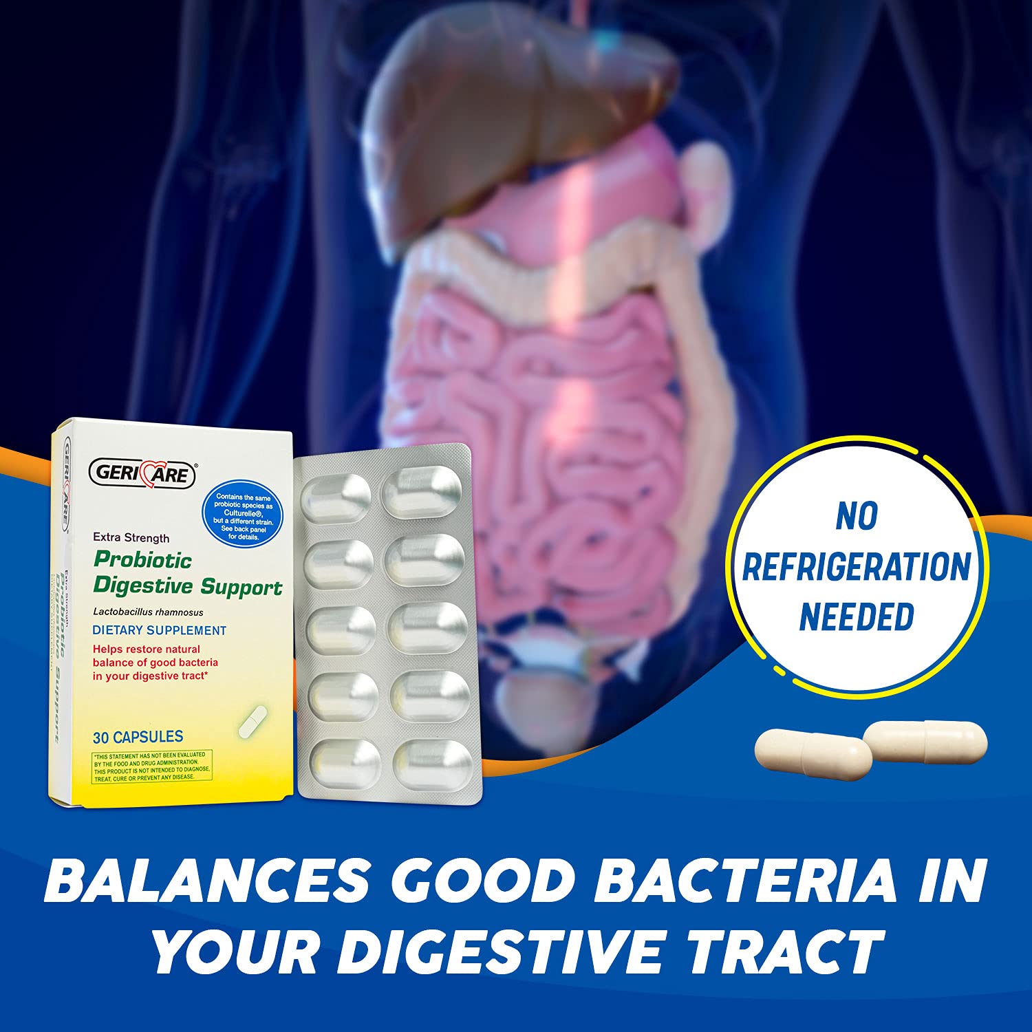 GeriCare Probiotic Supplement on a wooden table