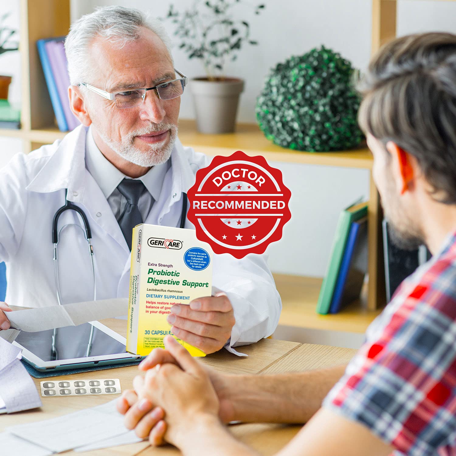 GeriCare Probiotic Supplement with a glass of water