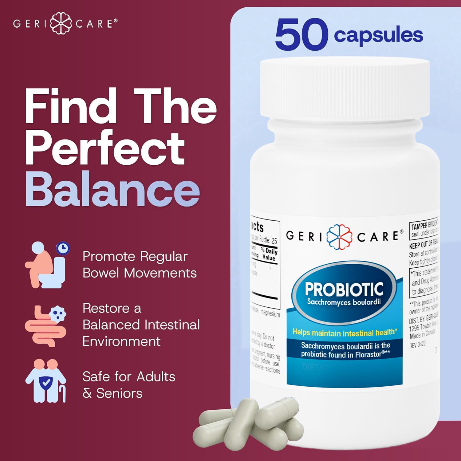 GeriCare Saccharomyces Boulardii Probiotic Supplement 250mg side view