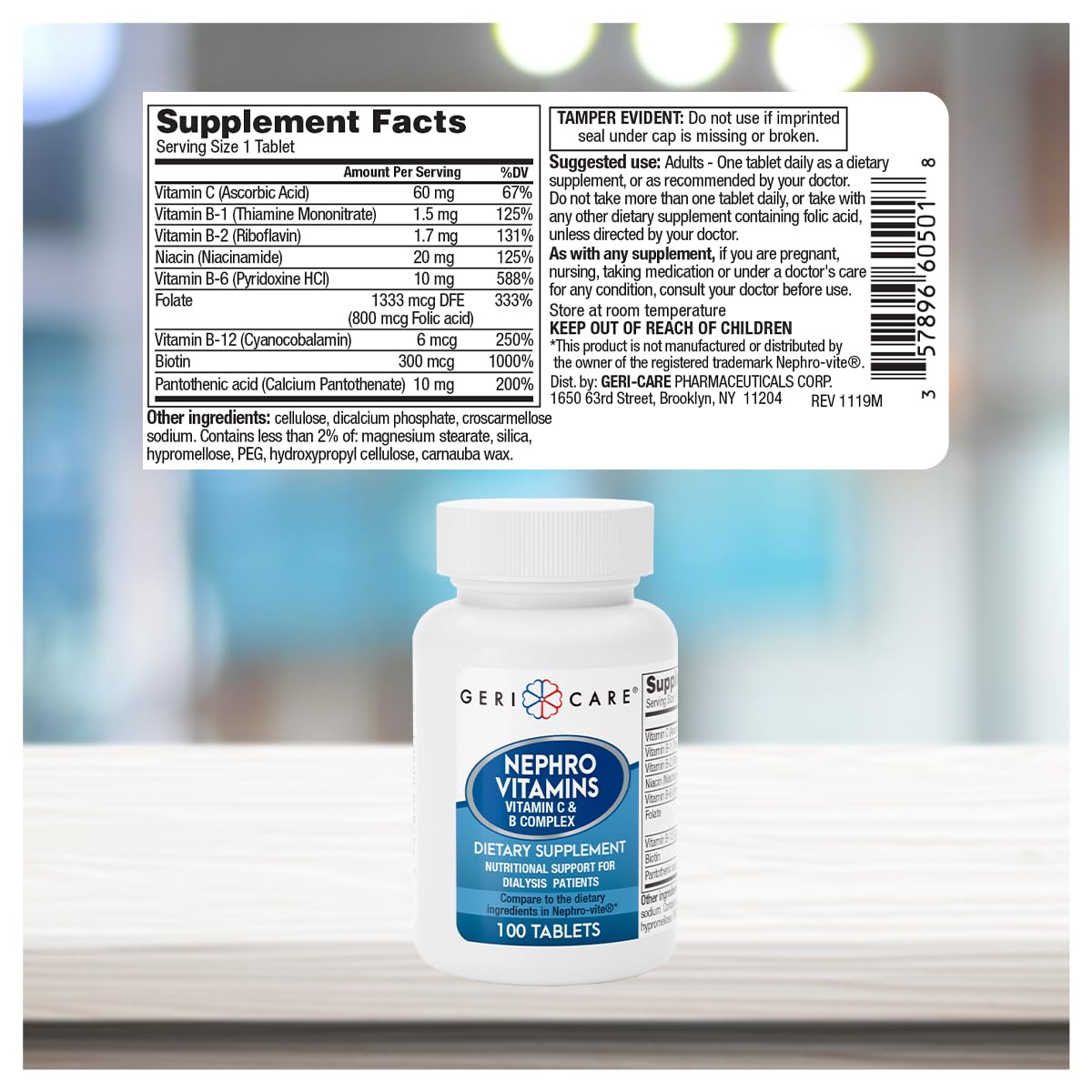 GeriCare Vitamin C & B Complex supplement back view with nutritional information