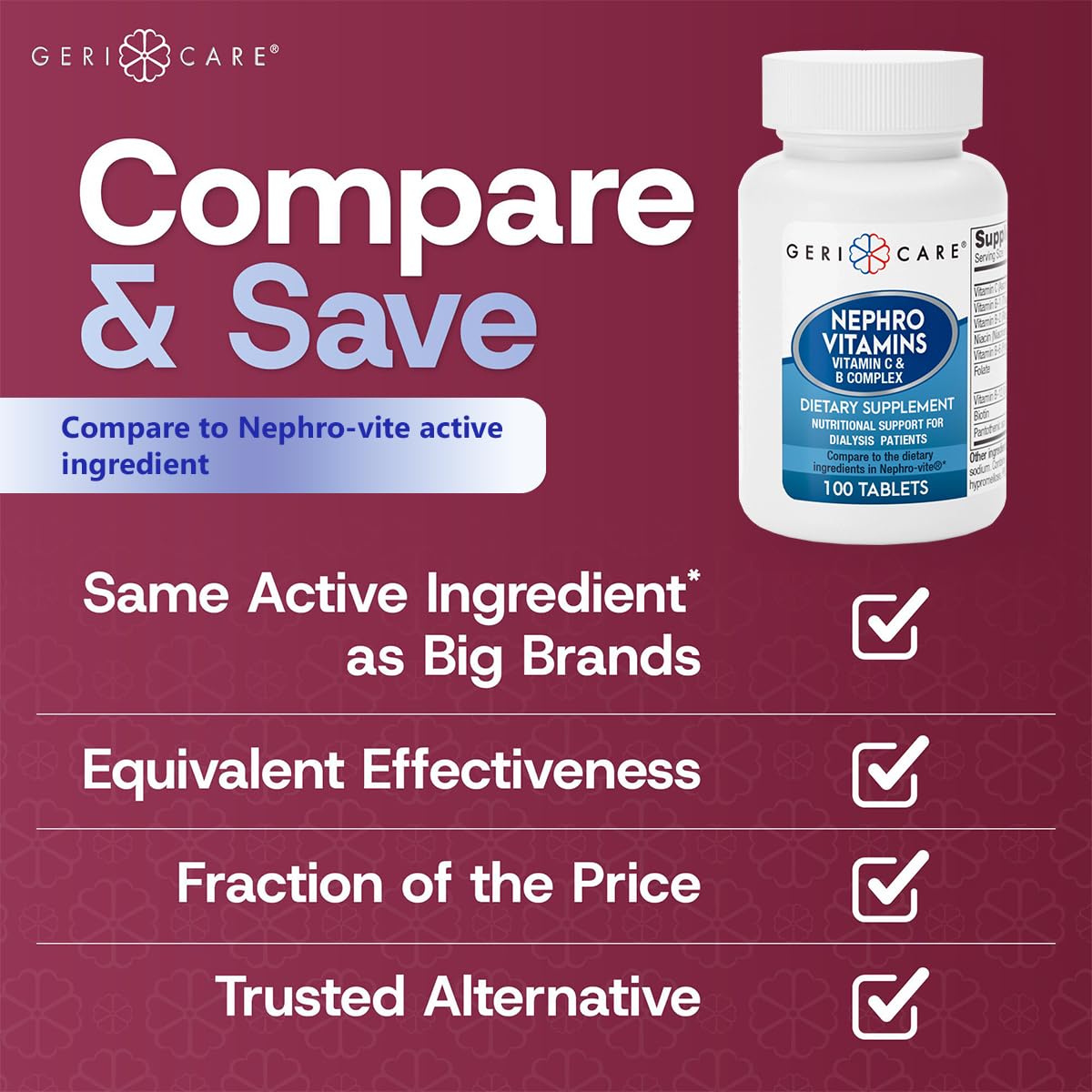 GeriCare Vitamin C & B Complex supplement on a wooden table