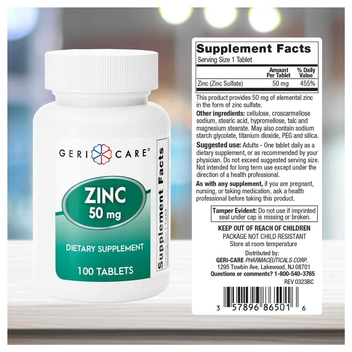 GeriCare Zinc Supplement 50mg side view of packaging
