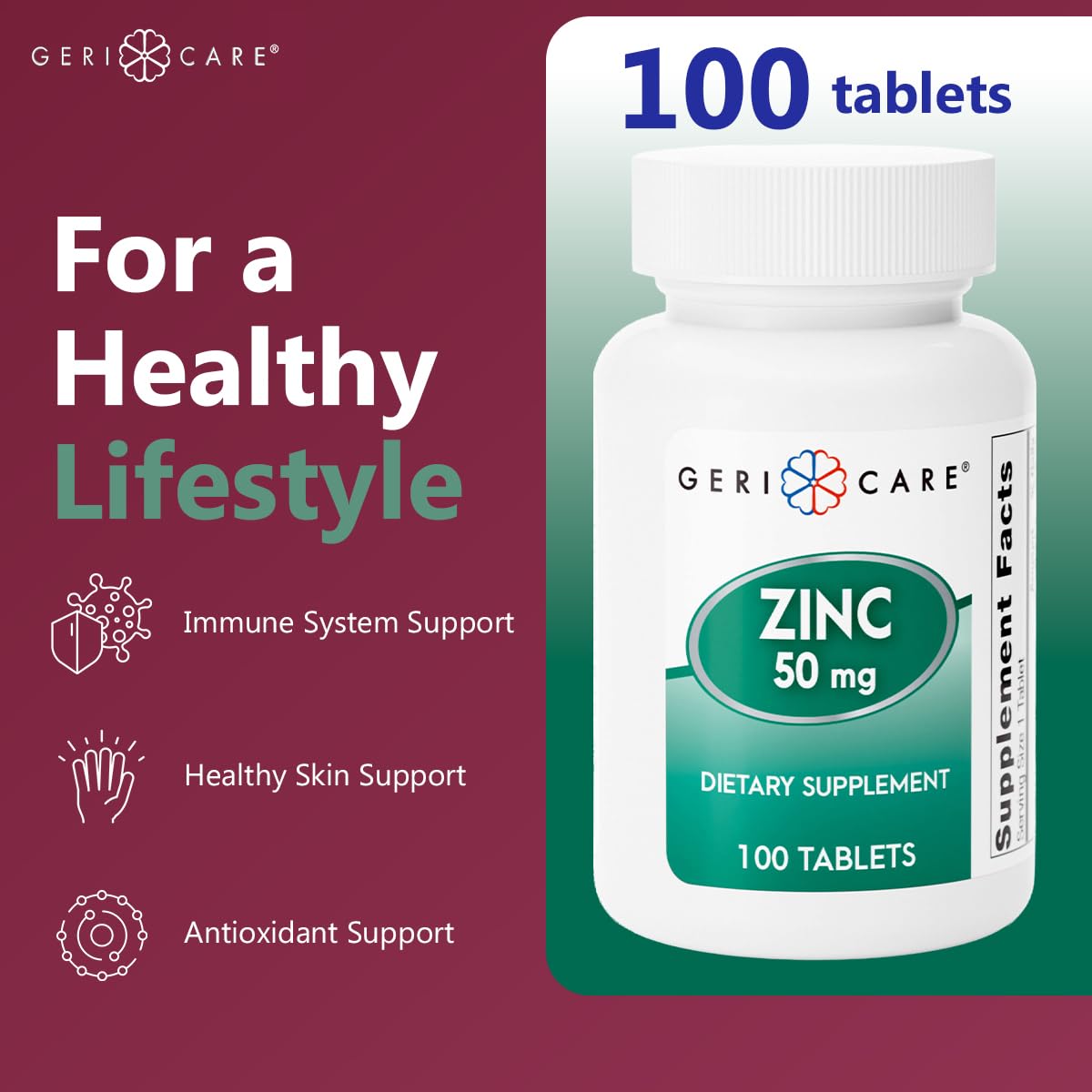 GeriCare Zinc Supplement 50mg tablets close-up