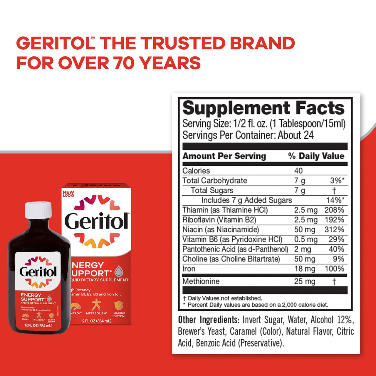 Geritol Liquid Iron and Multivitamin Supplement 340g on a table with fruits