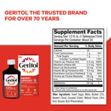 Geritol Liquid Iron and Multivitamin Supplement 340g on a table with fruits