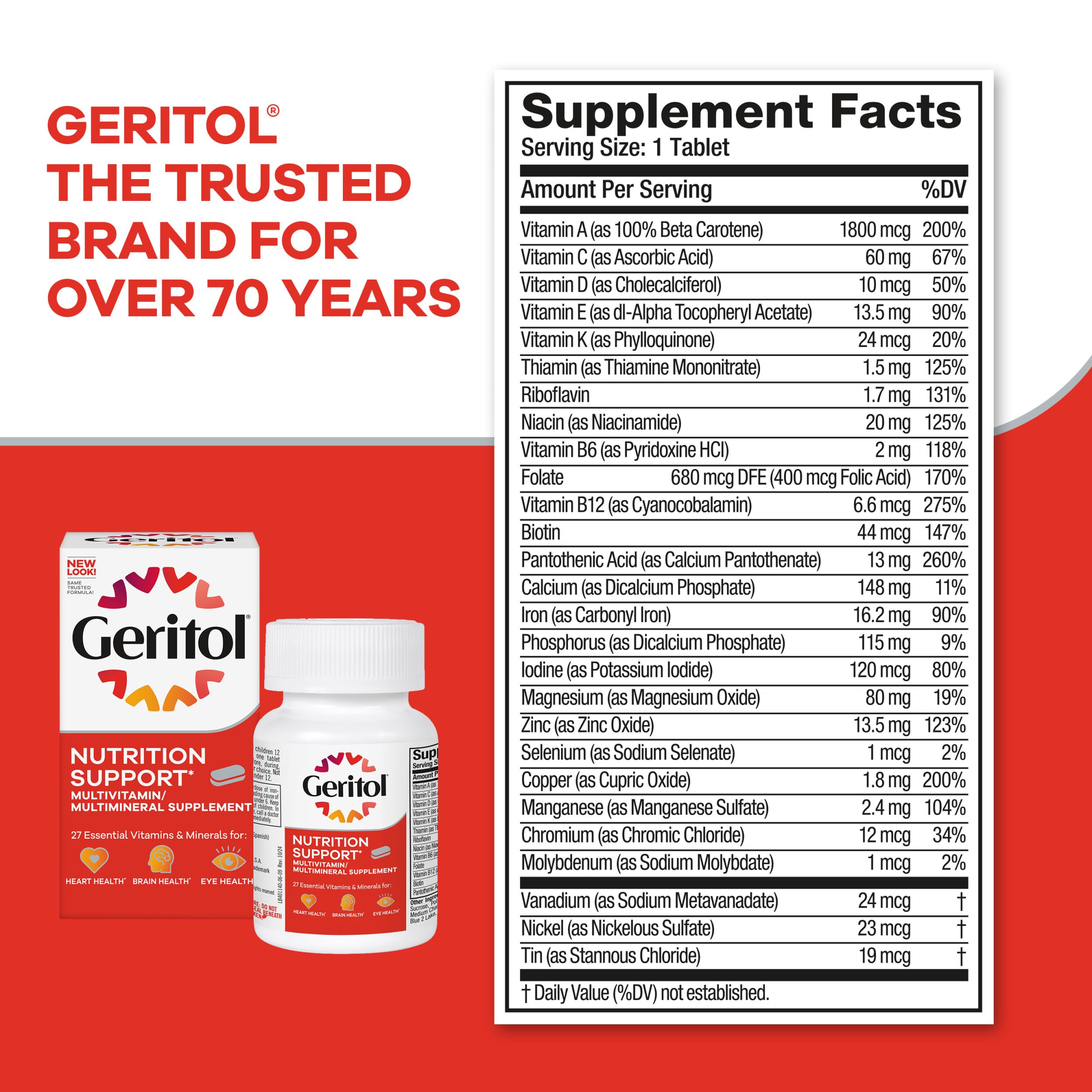Geritol Multivitamin Supplement packaging dimensions on table