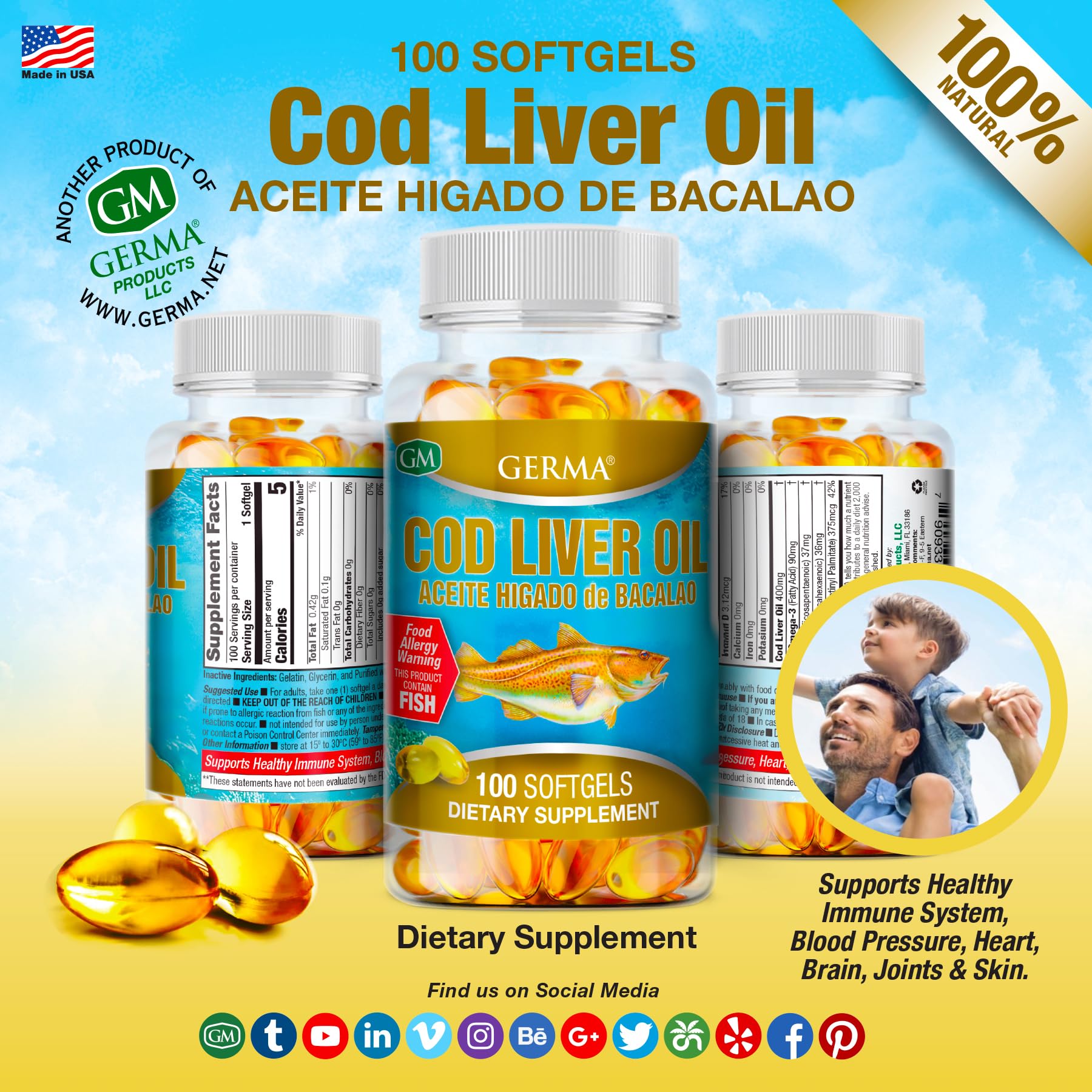 Germa Cod Liver Oil Supplement with glass of juice