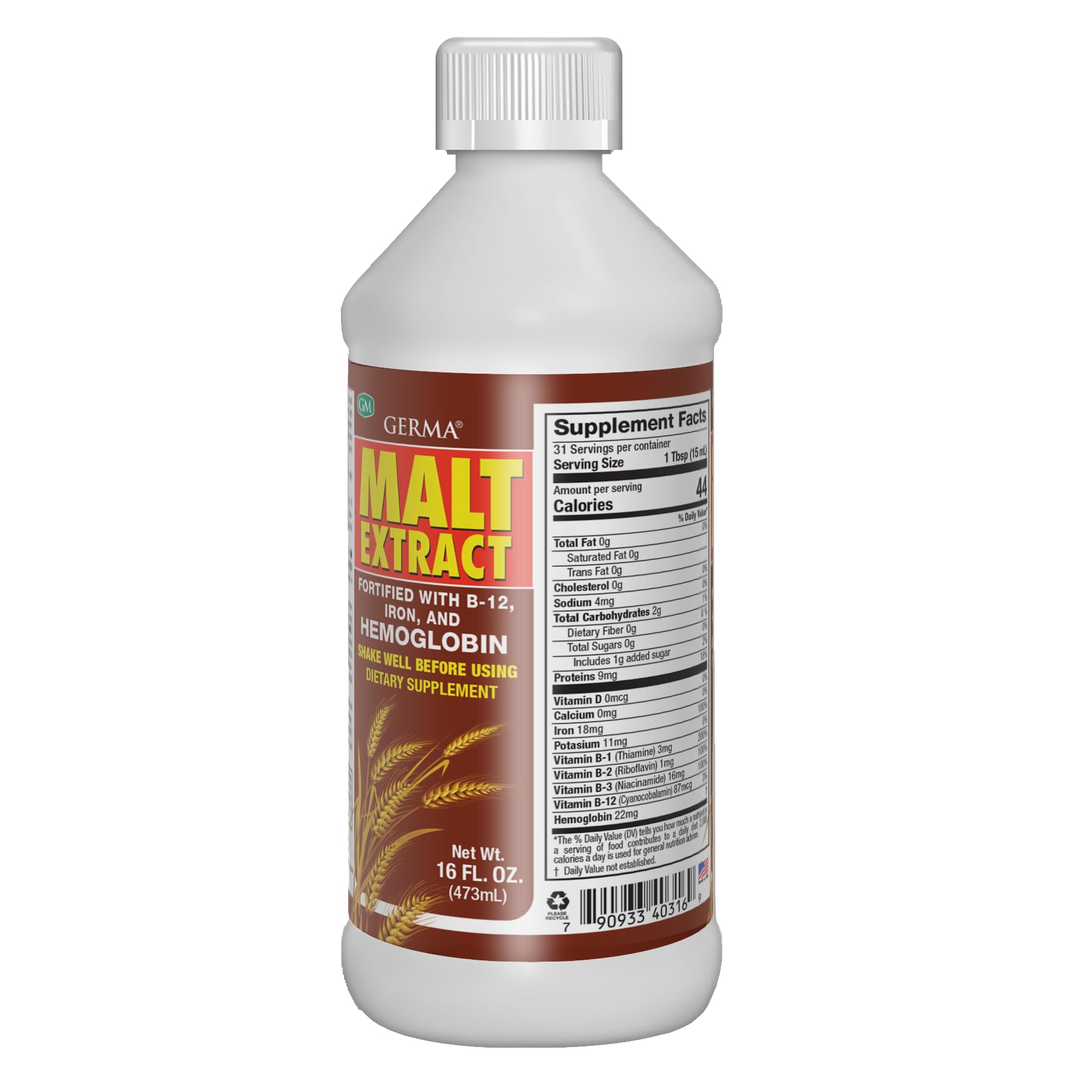 Germa Malt Extract 454g back view showing nutritional information