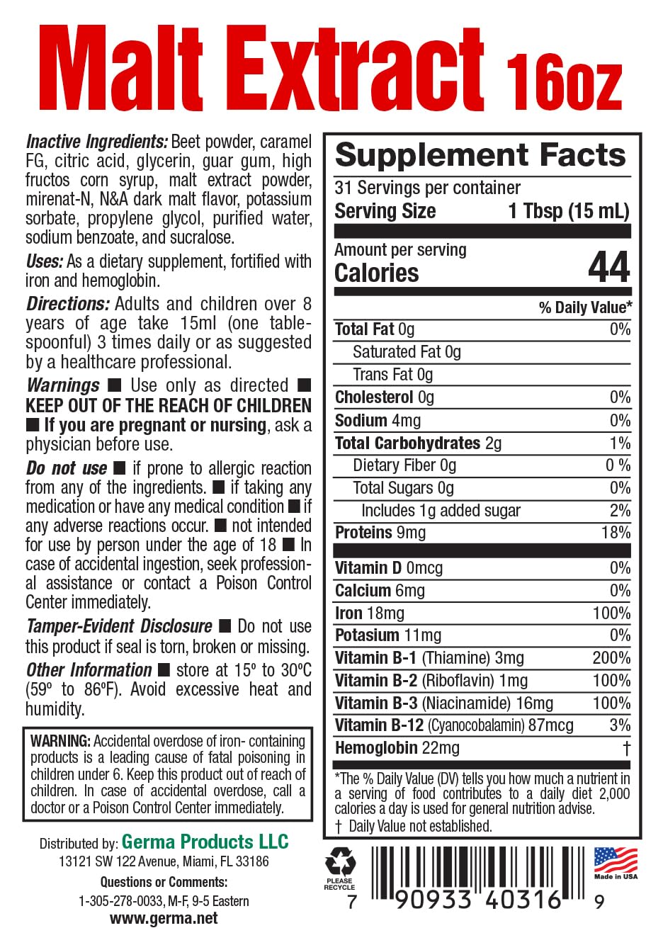 Germa Malt Extract 454g displayed with barley grains