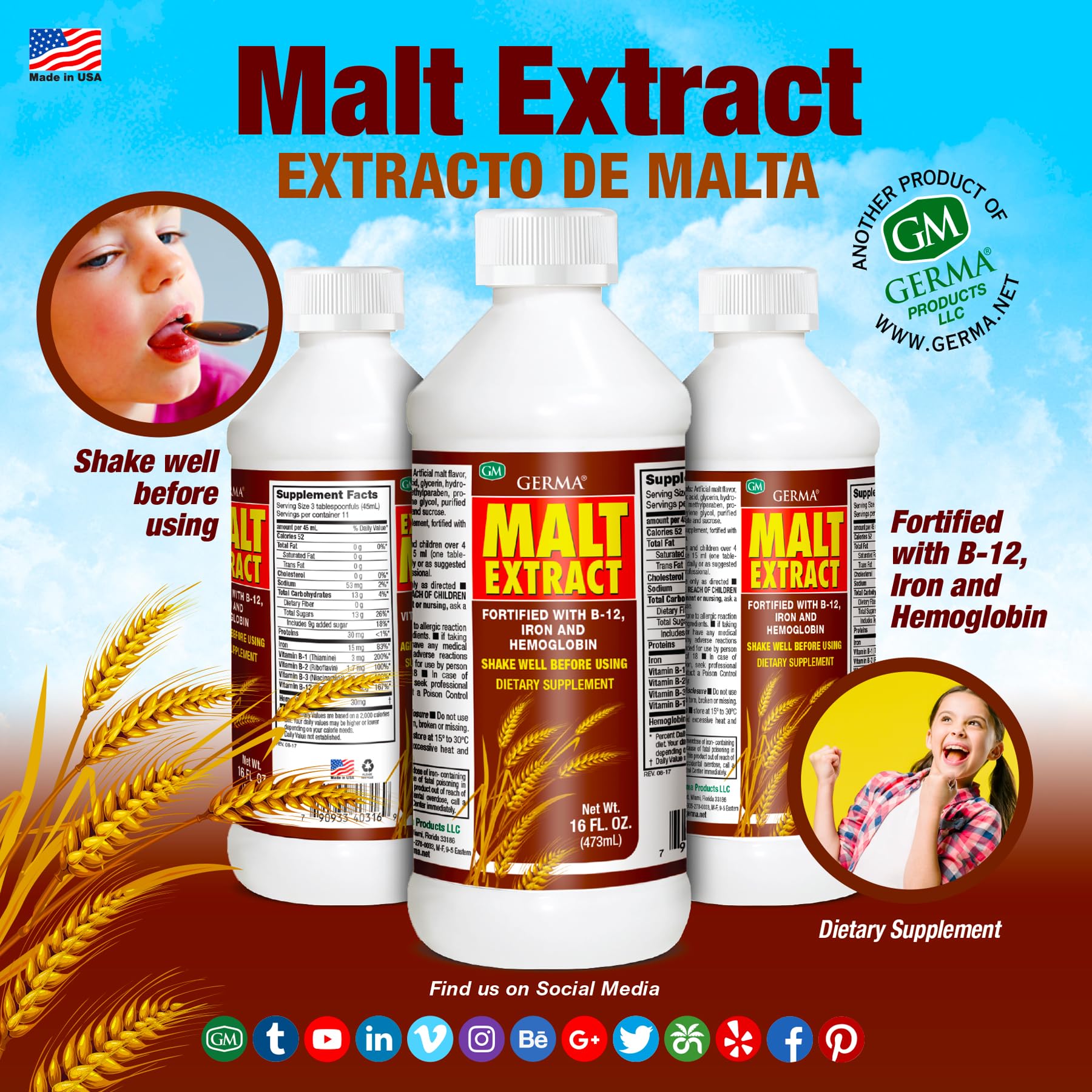 Germa Malt Extract 454g in a glass alongside milk