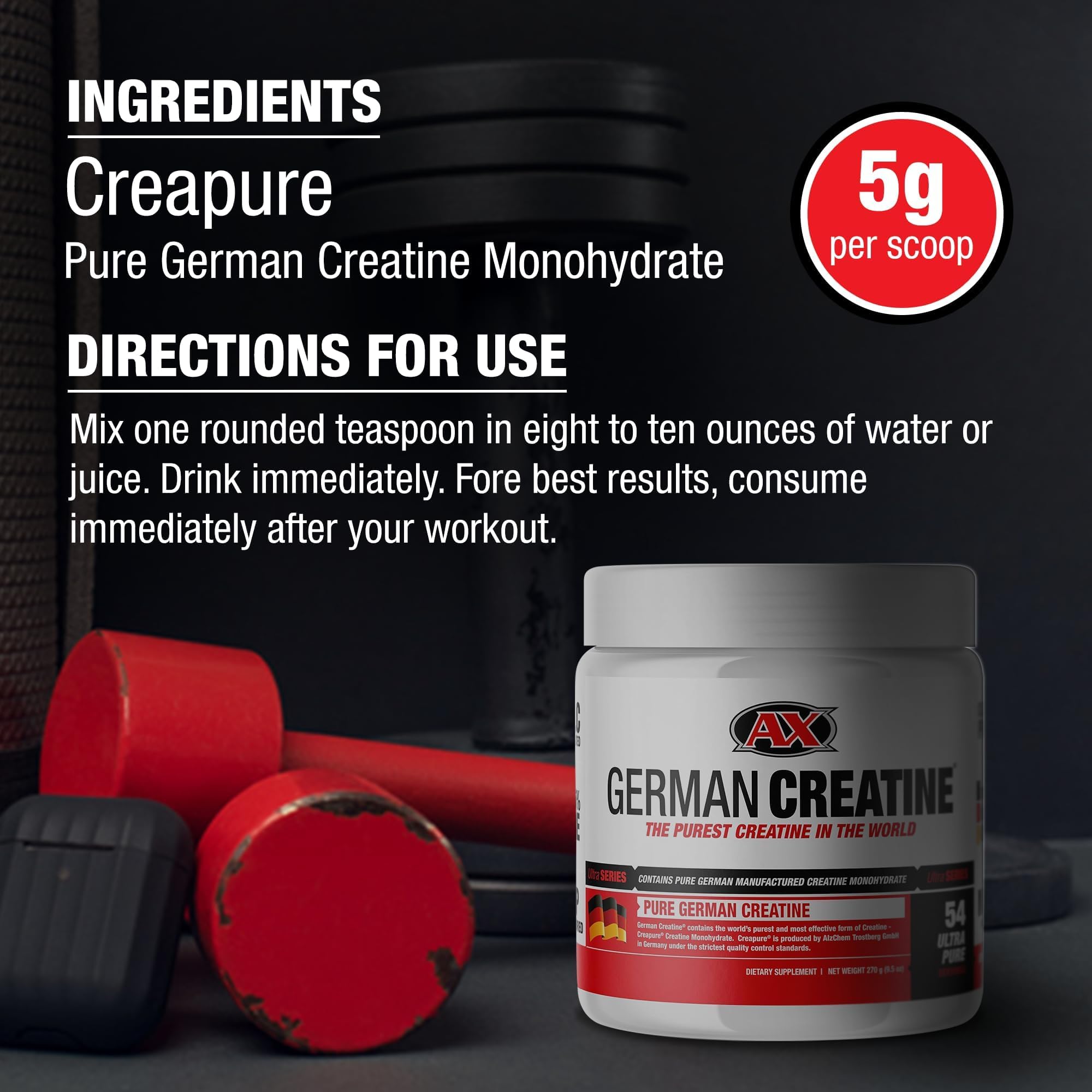 German Creatine Monohydrate scoop showing 5g serving