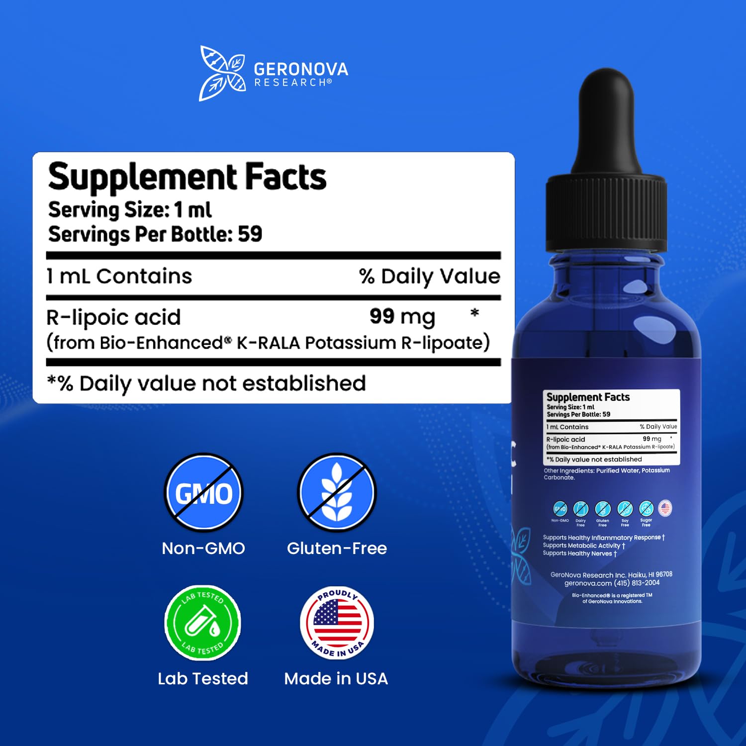 Geronova Research Alpha Lipoic Acid Liquid Supplement 99mg side view