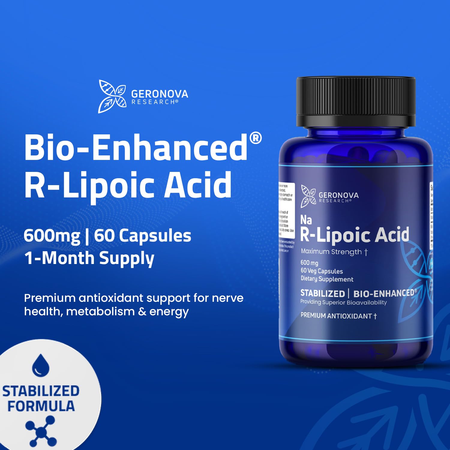 Geronova Research R-Lipoic Acid Capsules 600mg bottle with label