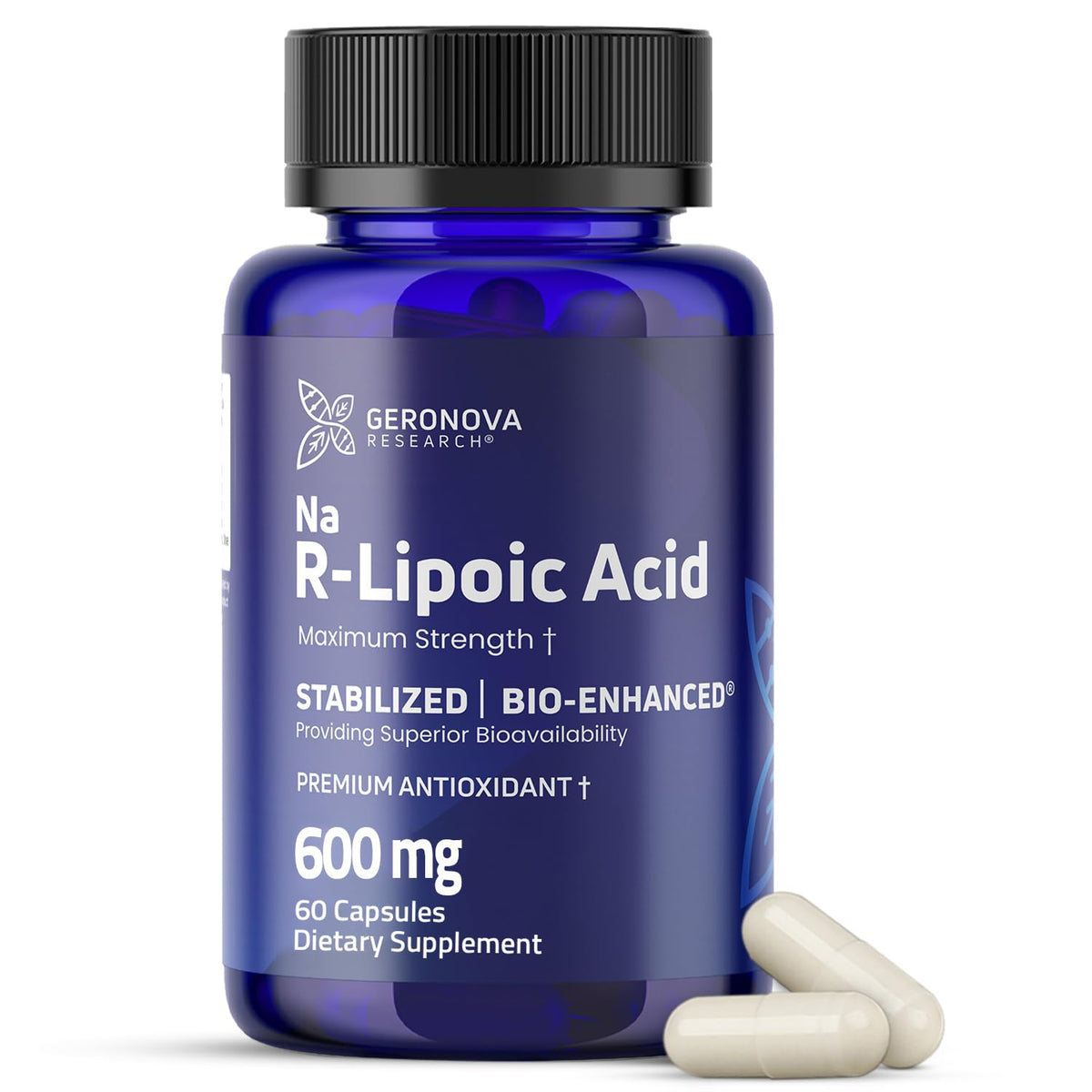 Geronova Research R-Lipoic Acid Capsules 600mg front view