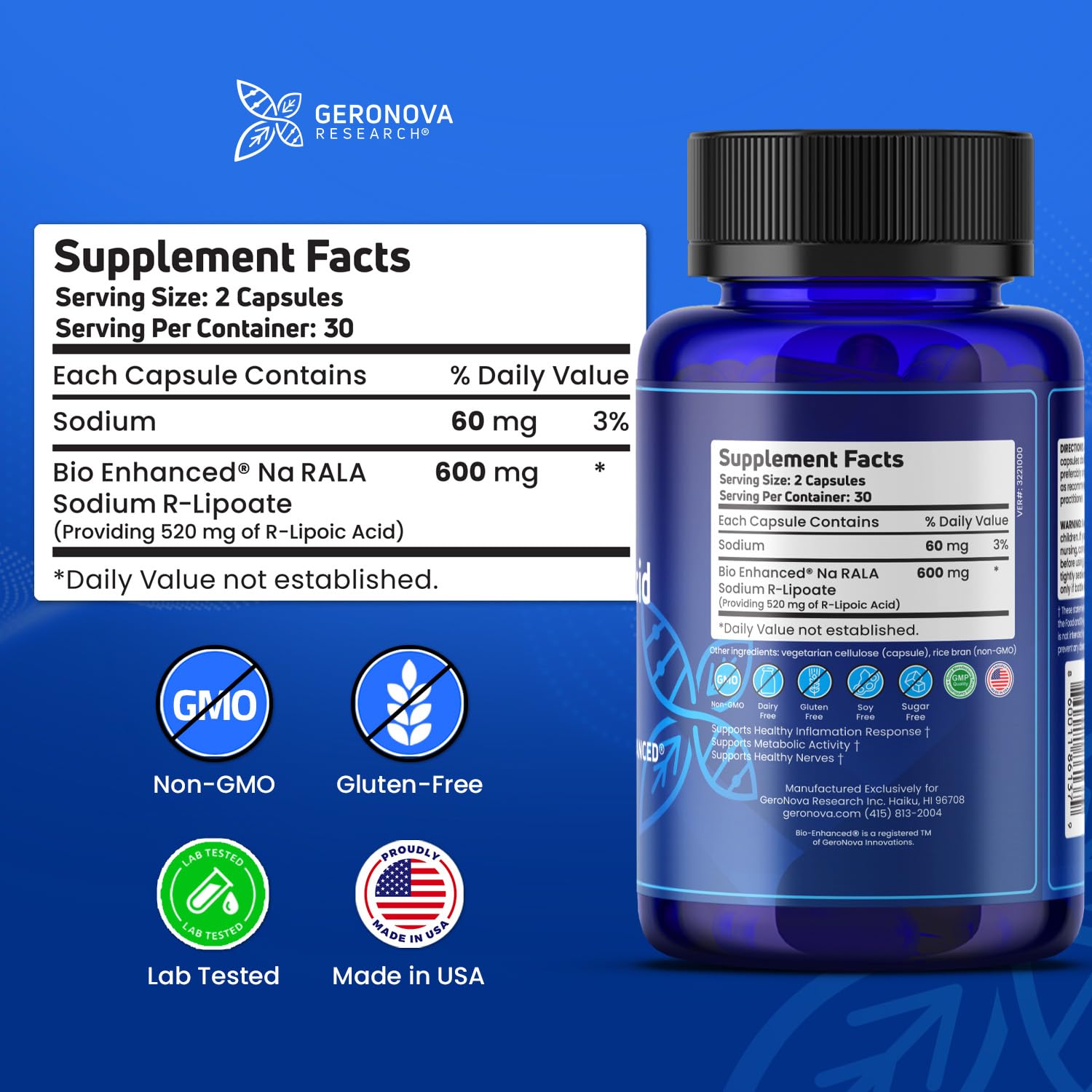 Geronova Research R-Lipoic Acid Capsules 600mg side view