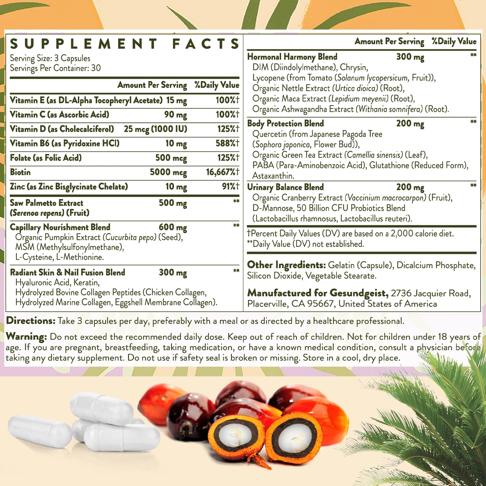 Gesundgeist Saw Palmetto Supplement 500mg with Biotin