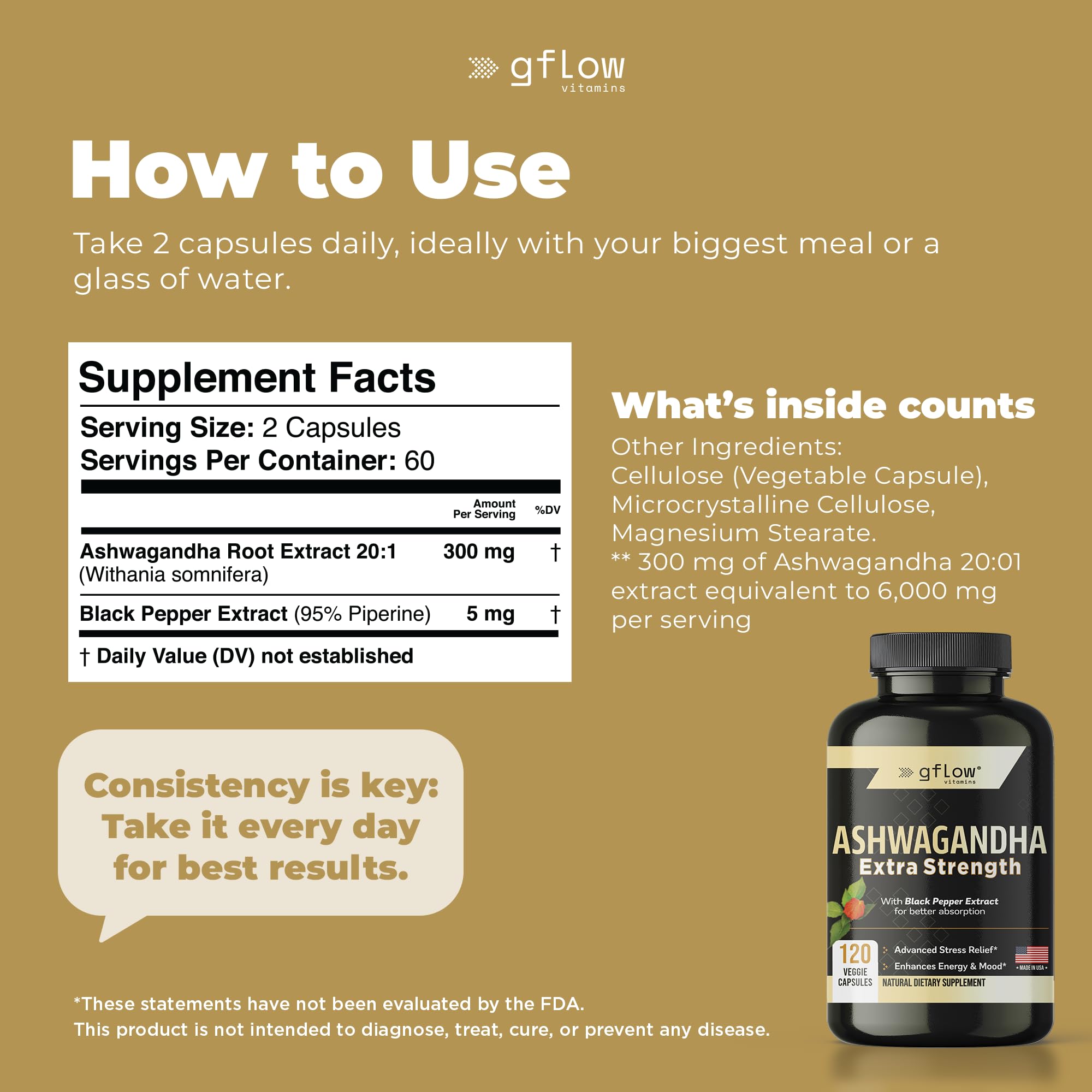 gflow vitamins Ashwagandha capsules in hand