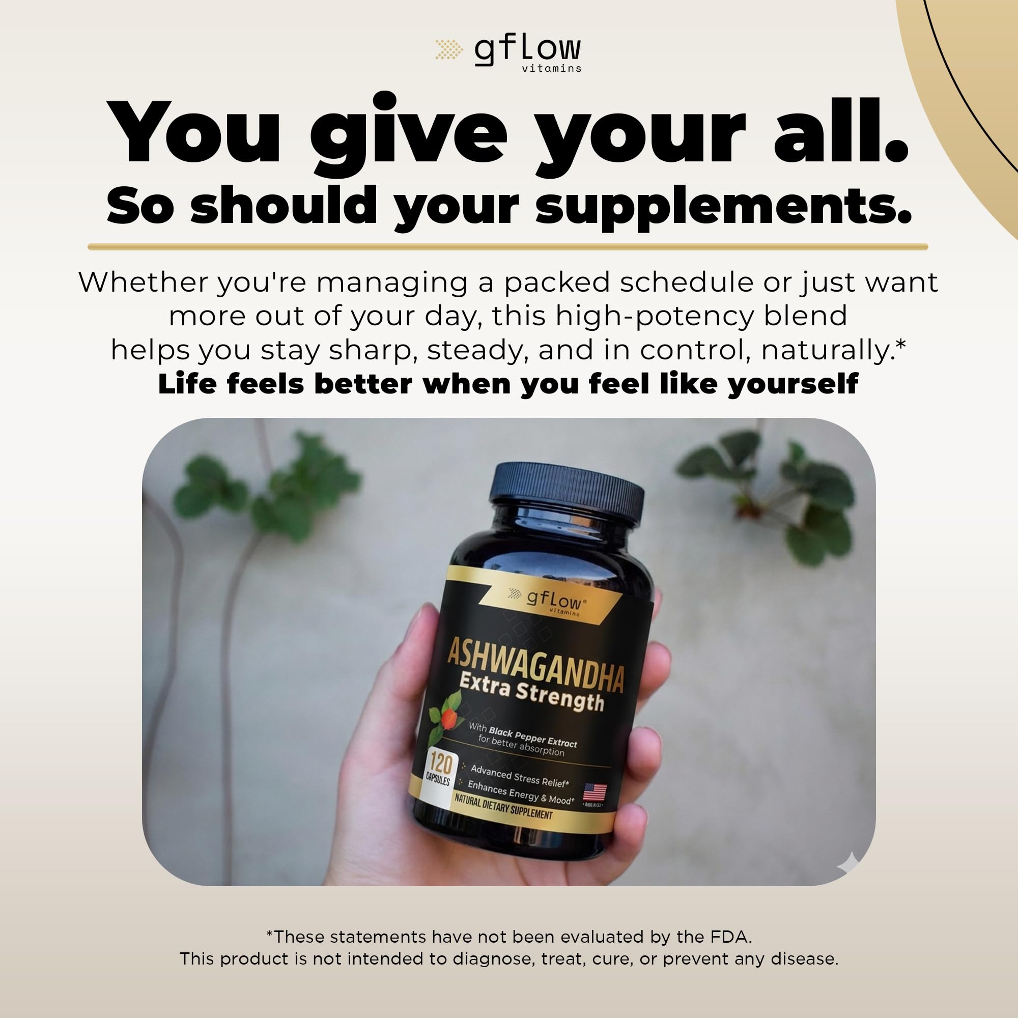gflow vitamins Ashwagandha capsules on wooden table