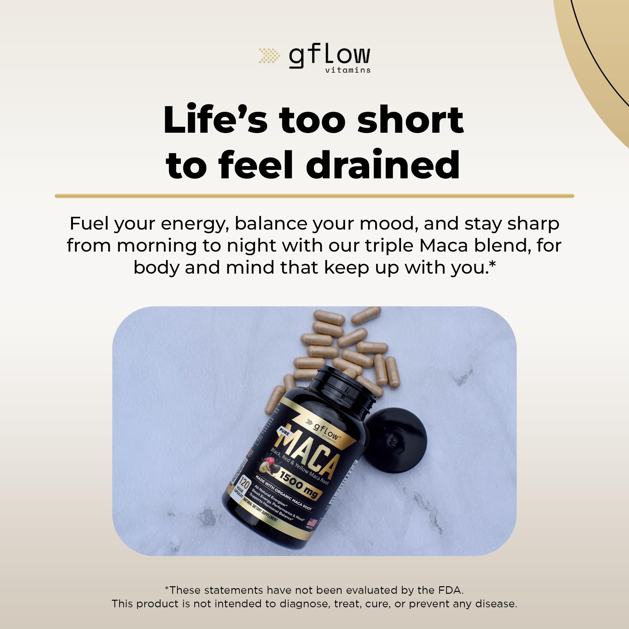 gflow vitamins Maca Root Capsules 1500mg with a measuring spoon
