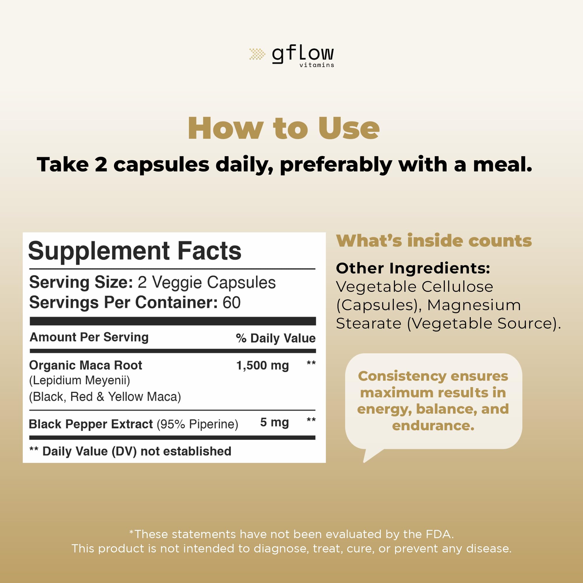 gflow vitamins Maca Root Capsules 1500mg with glass of water