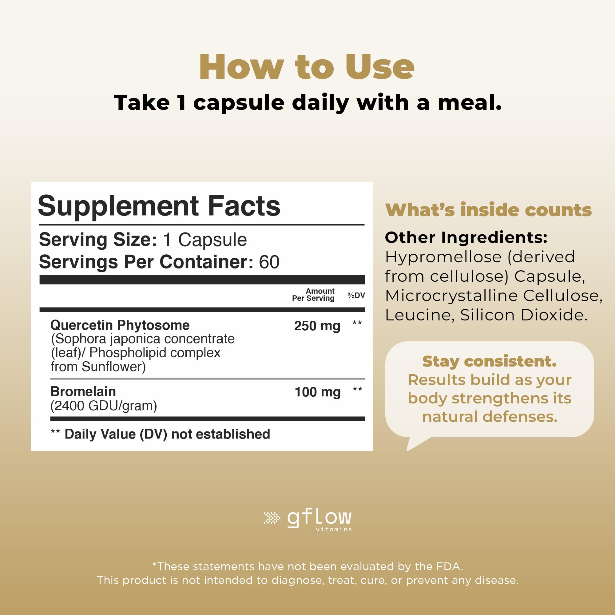 gflow vitamins Quercetin Phytosome with Bromelain 50g bottle on a table