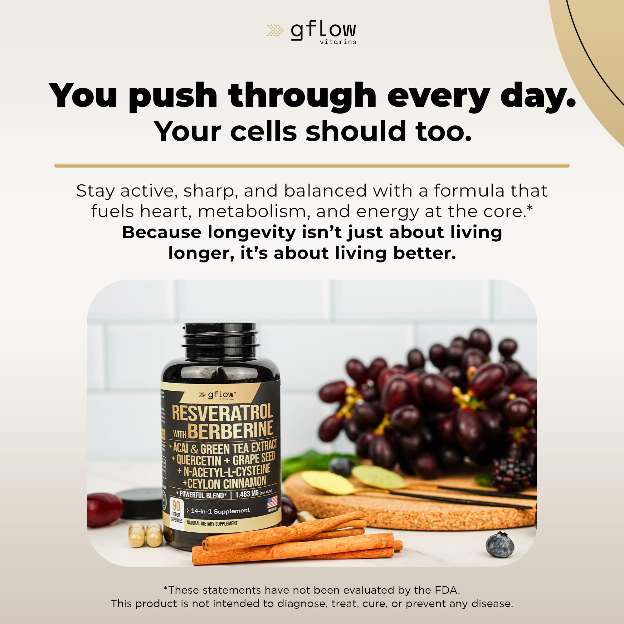 gflow vitamins Resveratrol Complex Capsules with ingredients displayed