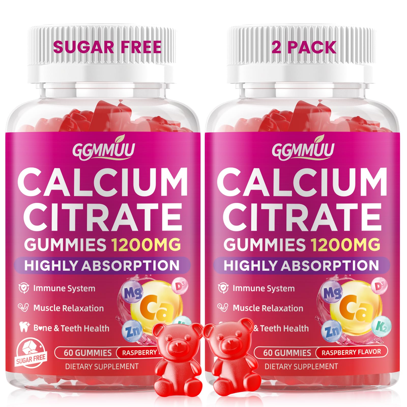 GGMMUU Calcium Citrate Gummies front view with raspberry flavour